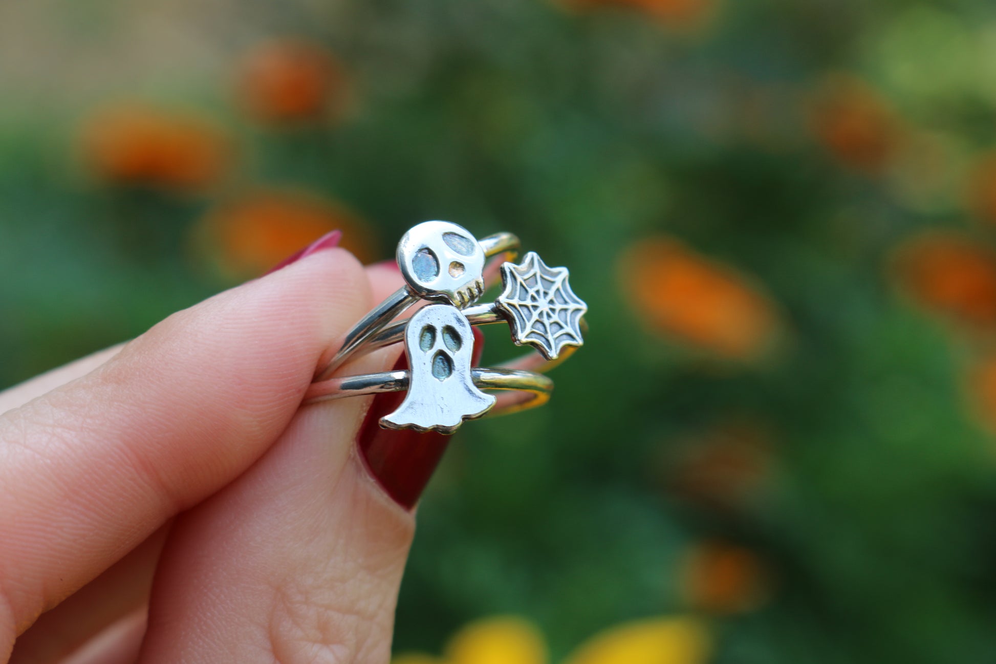 ghost ring, spider web ring, skull ring