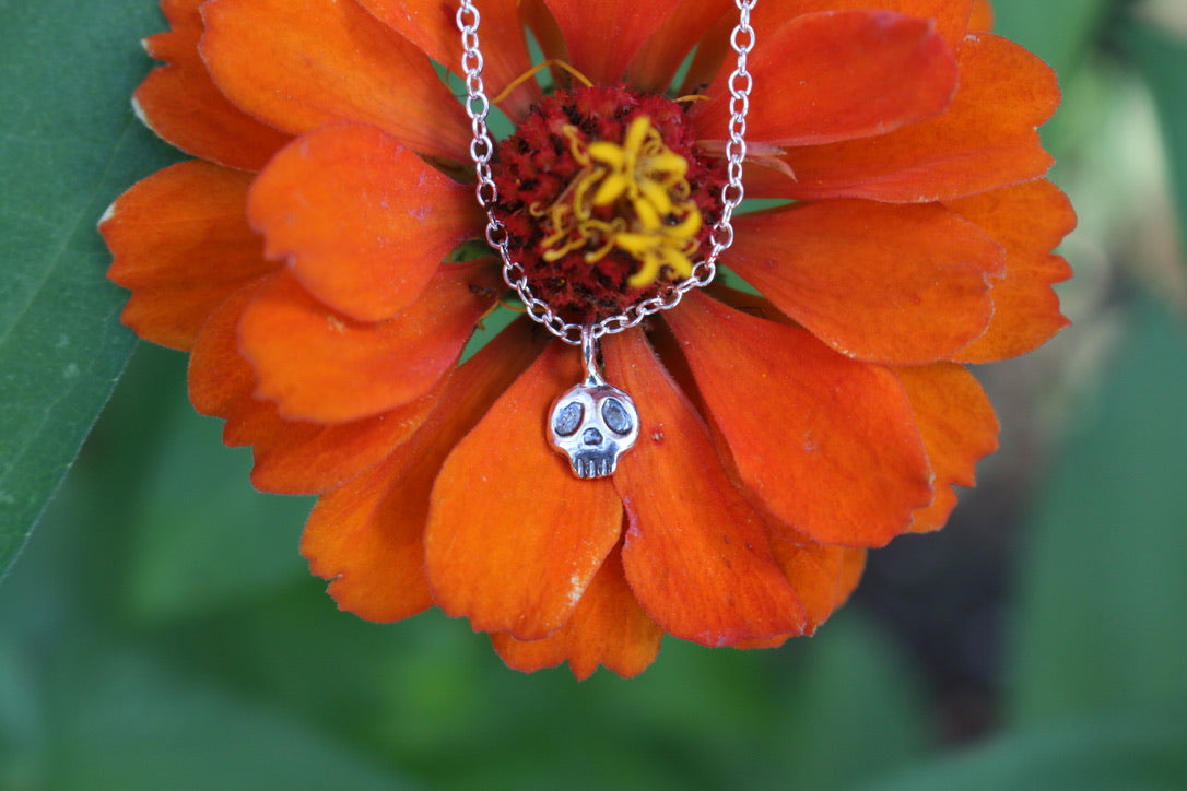 tiny silver skull on a dainty silver chain