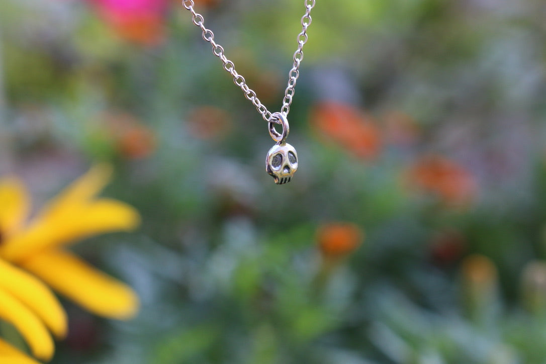 tiny silver skull on a dainty silver chain